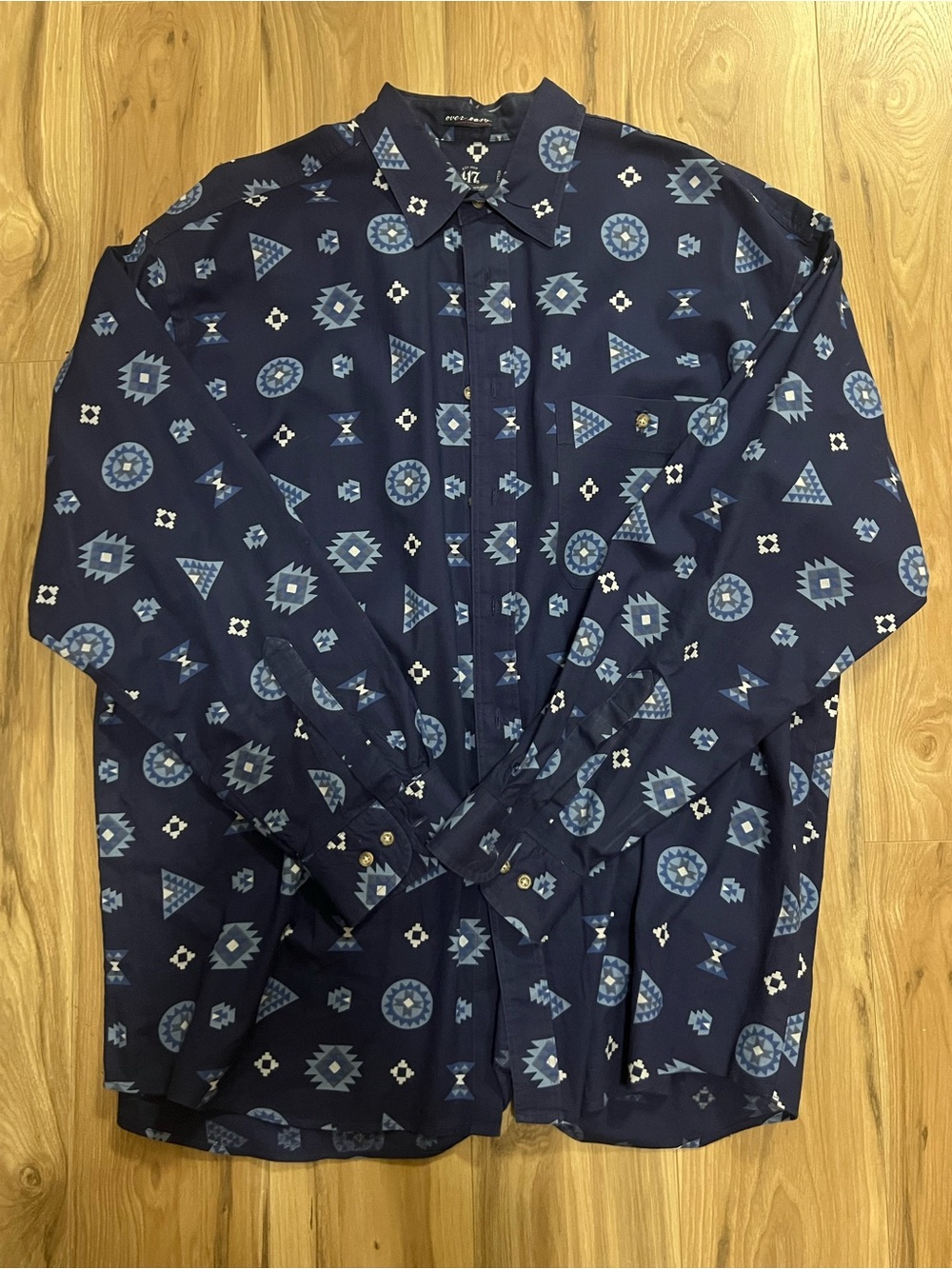 Van Heusen Navy Button-Down Shirt with Light Blue Geometric Western Print